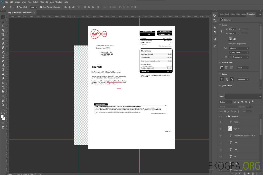 Facture de services publics de Virgin Media au Royaume-Uni, modèle Word et PDF template Facture de services publics de Virgin Media au Royaume-Uni, modèle Word et PDF template